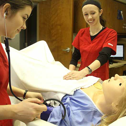 Nursing students work with a birth simulator