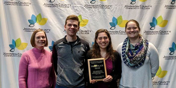 Faculty advisor Heidi Hulsizer with students Paul Modlin, Meraiah Martinez, and Catherine Rea pictured after winning 3rd place at the 2018 Kansas Collegiate Mathematics Competition