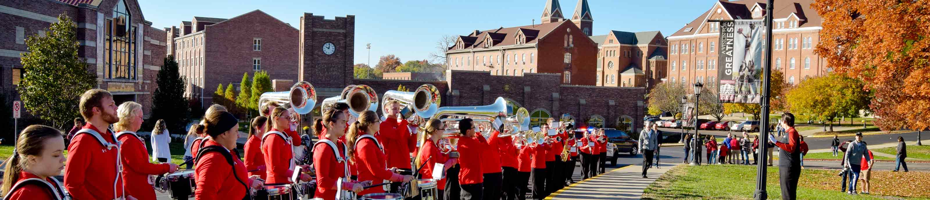 The Raven Regiment, Benedictine College's Marching Band, plays at a homecoming event