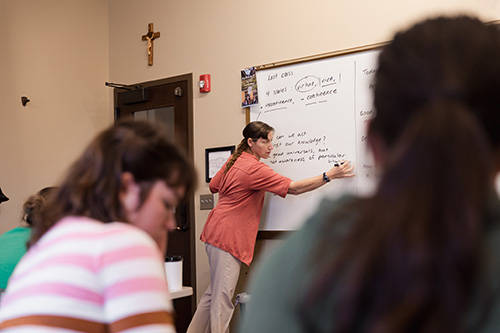 Philosophy professor Dr. Spiering teaching students on whiteboard