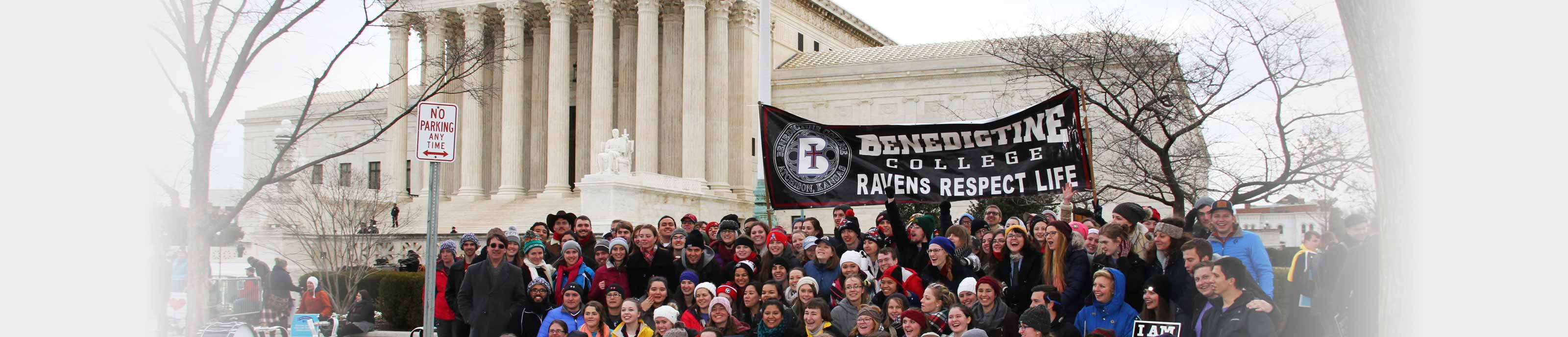 A crowd of Benedictine College students in front of the Supreme Court building in Washington, D.C. after the March for Life