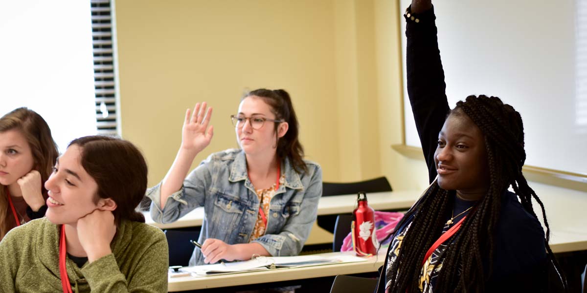 A BCYC Immersion participants raise their hands in class