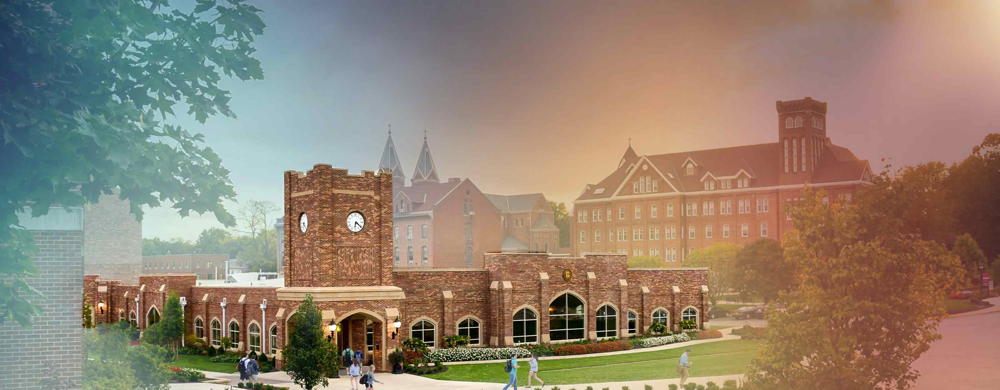 A shot of campus with the Dining Hall in the foreground