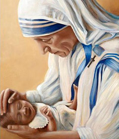 A painting of Mother Teresa holding a small baby. This painting hangs in the Mother Teresa Nursing Center at Benedictine College.