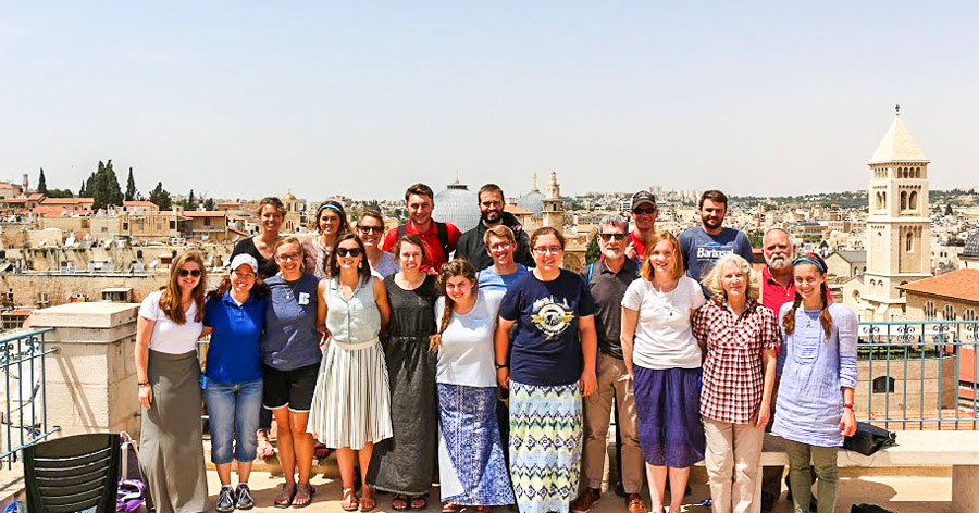 Students pose for a group shot while studying abroad in the Holy Land