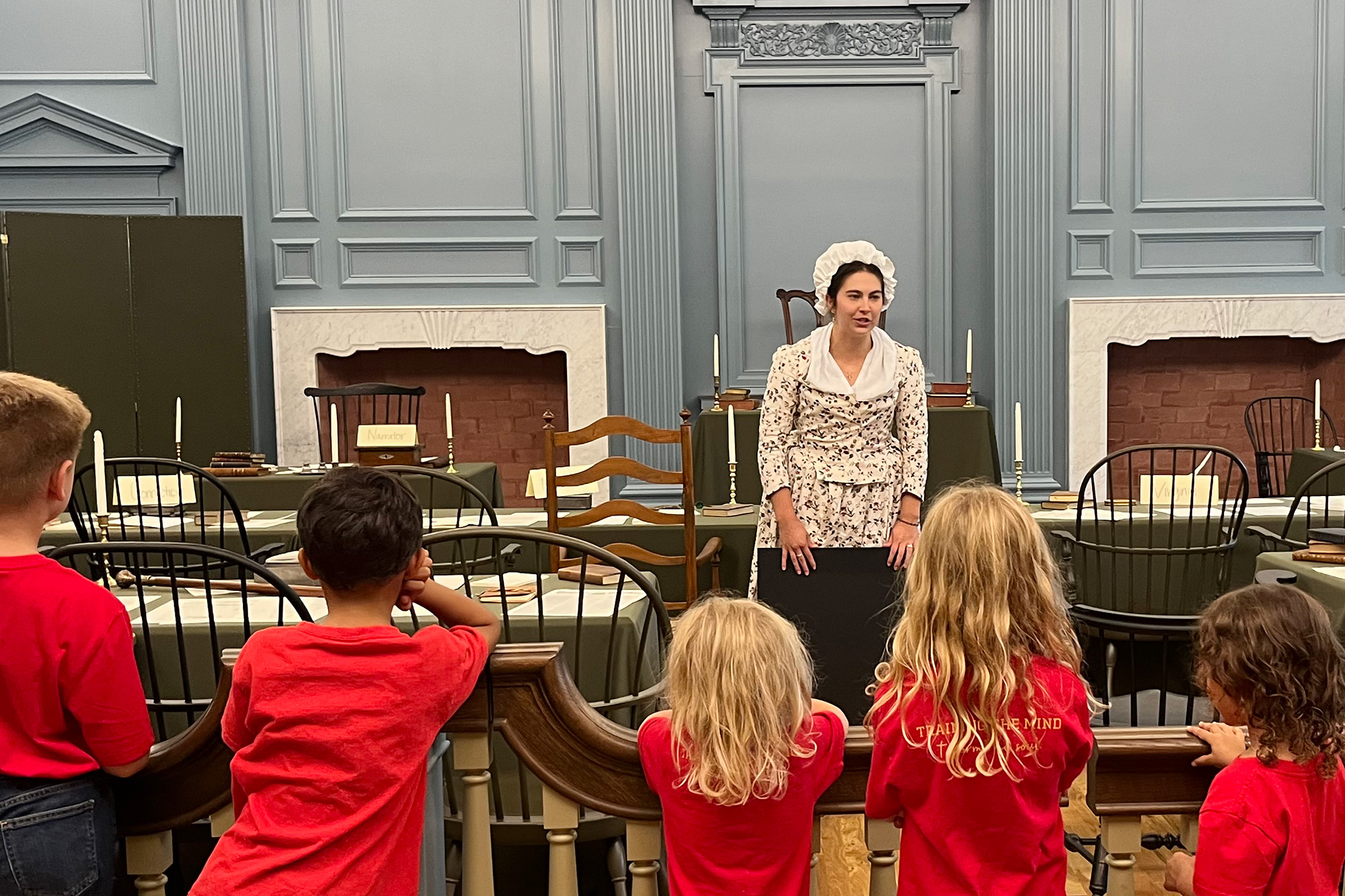 Elementary school students in the Assembly Room exhibit in Moritz Library in D’Aniello Hall at Benedictine College in Atchison, Kansas