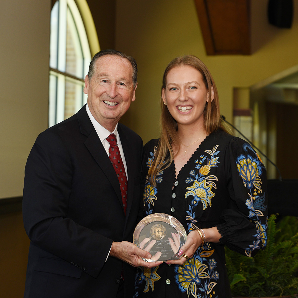 President Minnis at the Champagne Brunch with Hannah Thomazin ’20, who was the recipient of the 2025 Outstanding Young Alumni award.