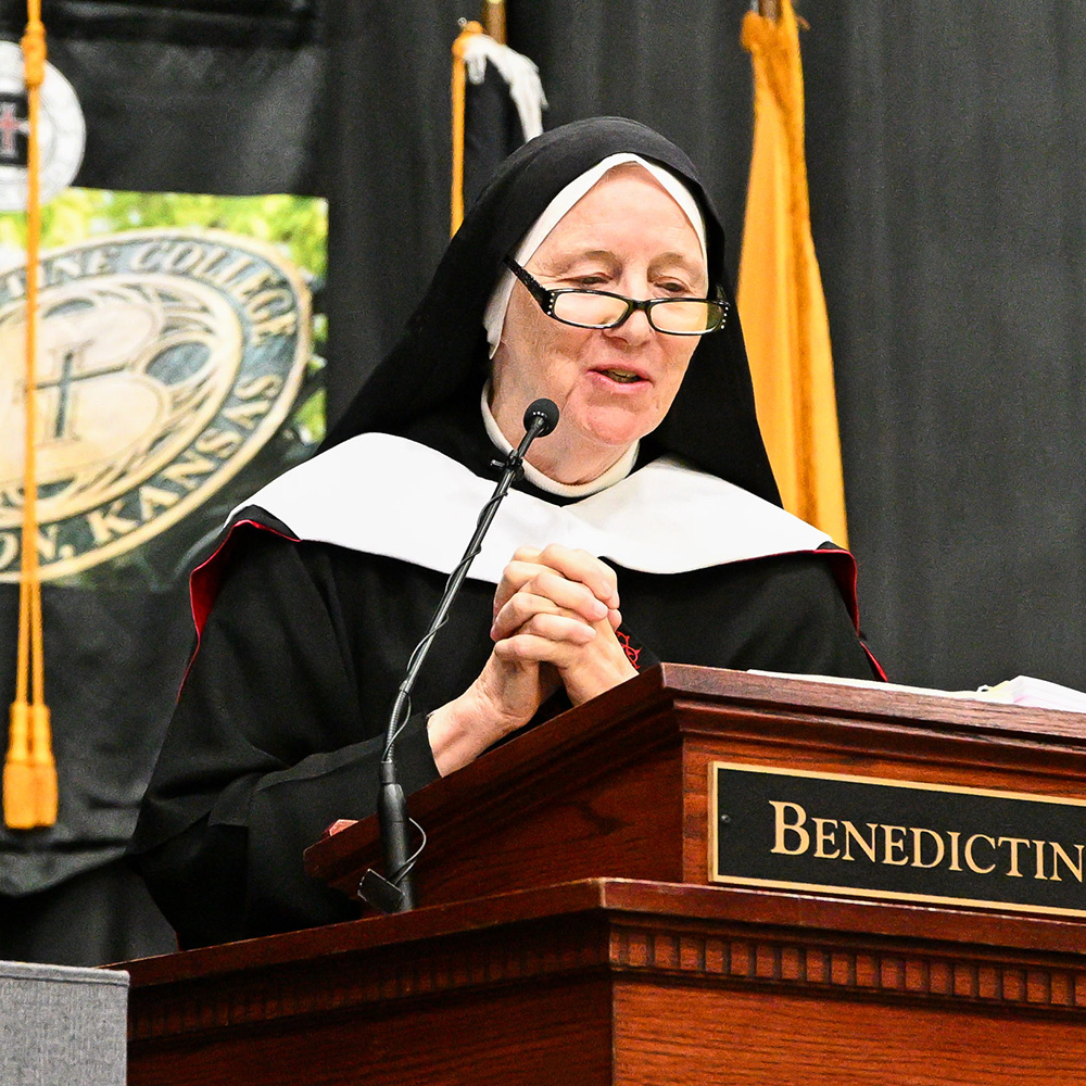 Sister Deirdre Byrne, POSC, speaks at the 2025 Commencement ceremony