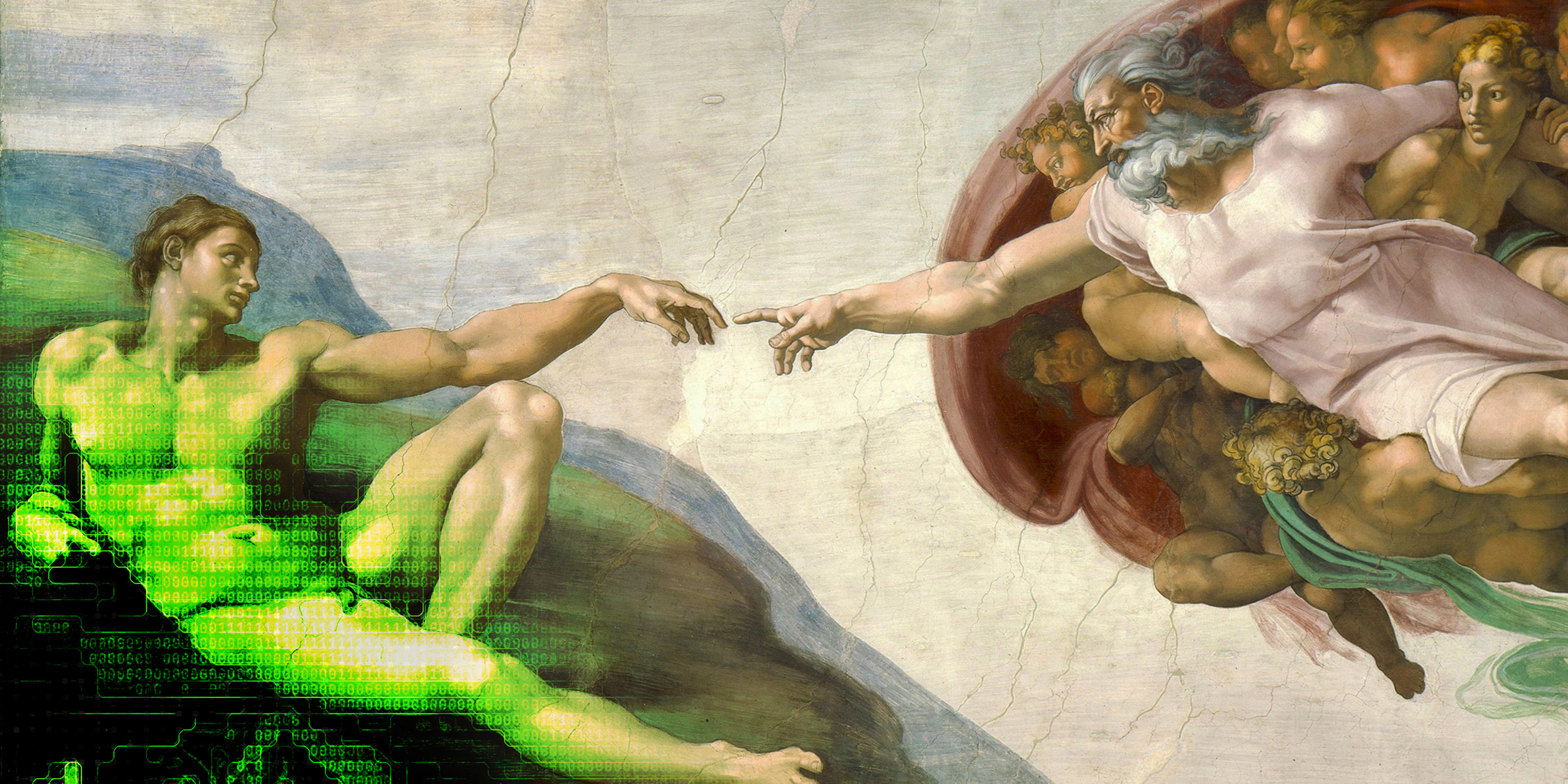 The Creation of Adam, by Michelangelo, with Adam partially fading away into computer code