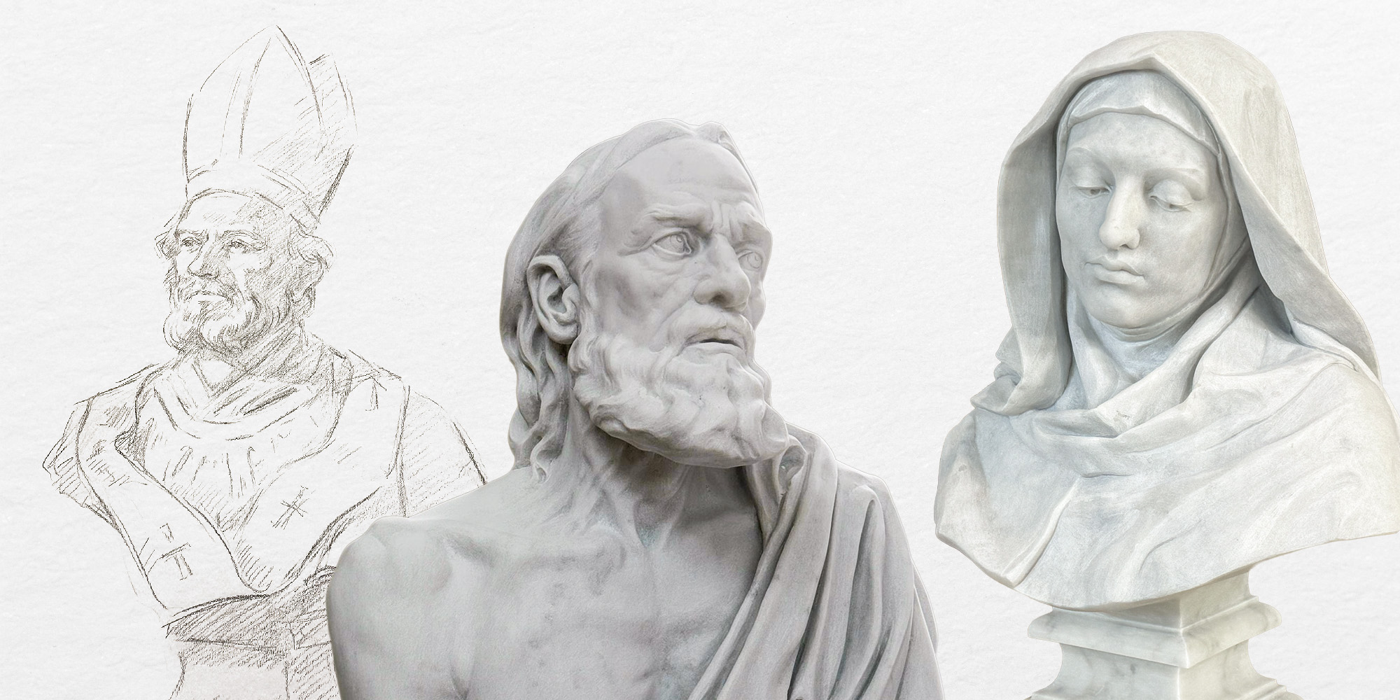A sketch of a bust of St. Anselm, and some marble busts of St. Jerome and St. Hildegard