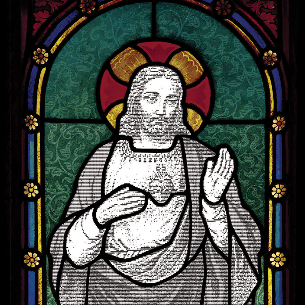 A stained glass window showing Jesus Christ represented in ASCII code