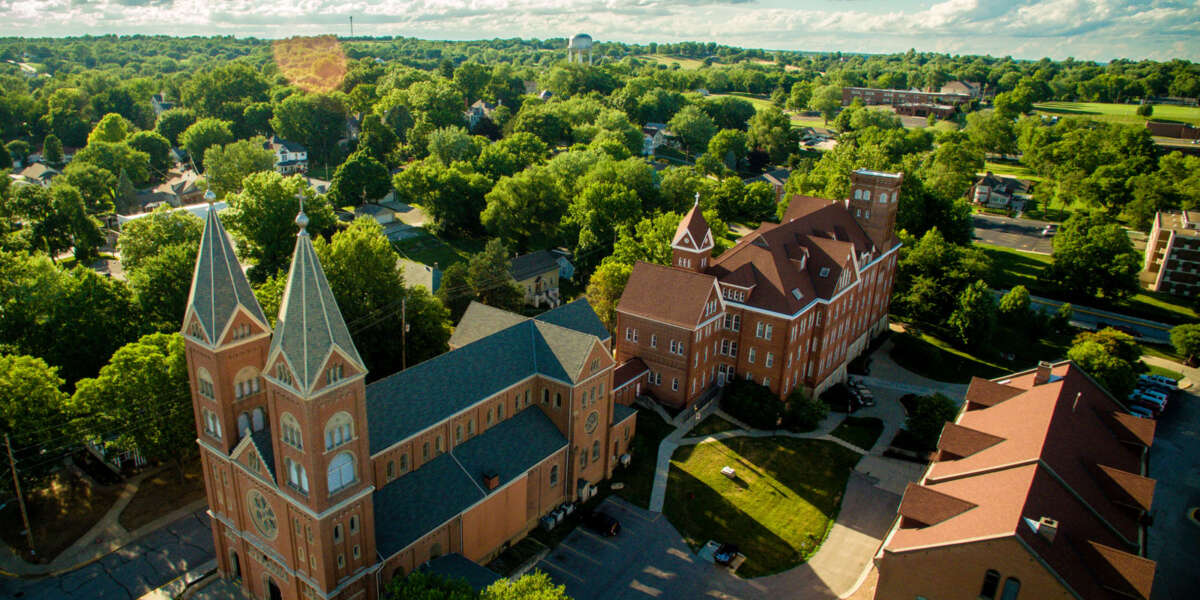 An aerial photo of campus