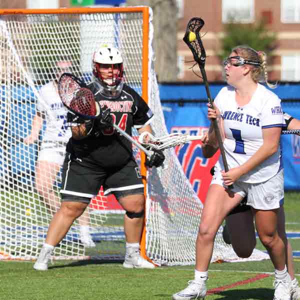 No. 34 Gianna Stalletti defends the goal during the 2022 NAIA Women's Lacrosse Championship game
